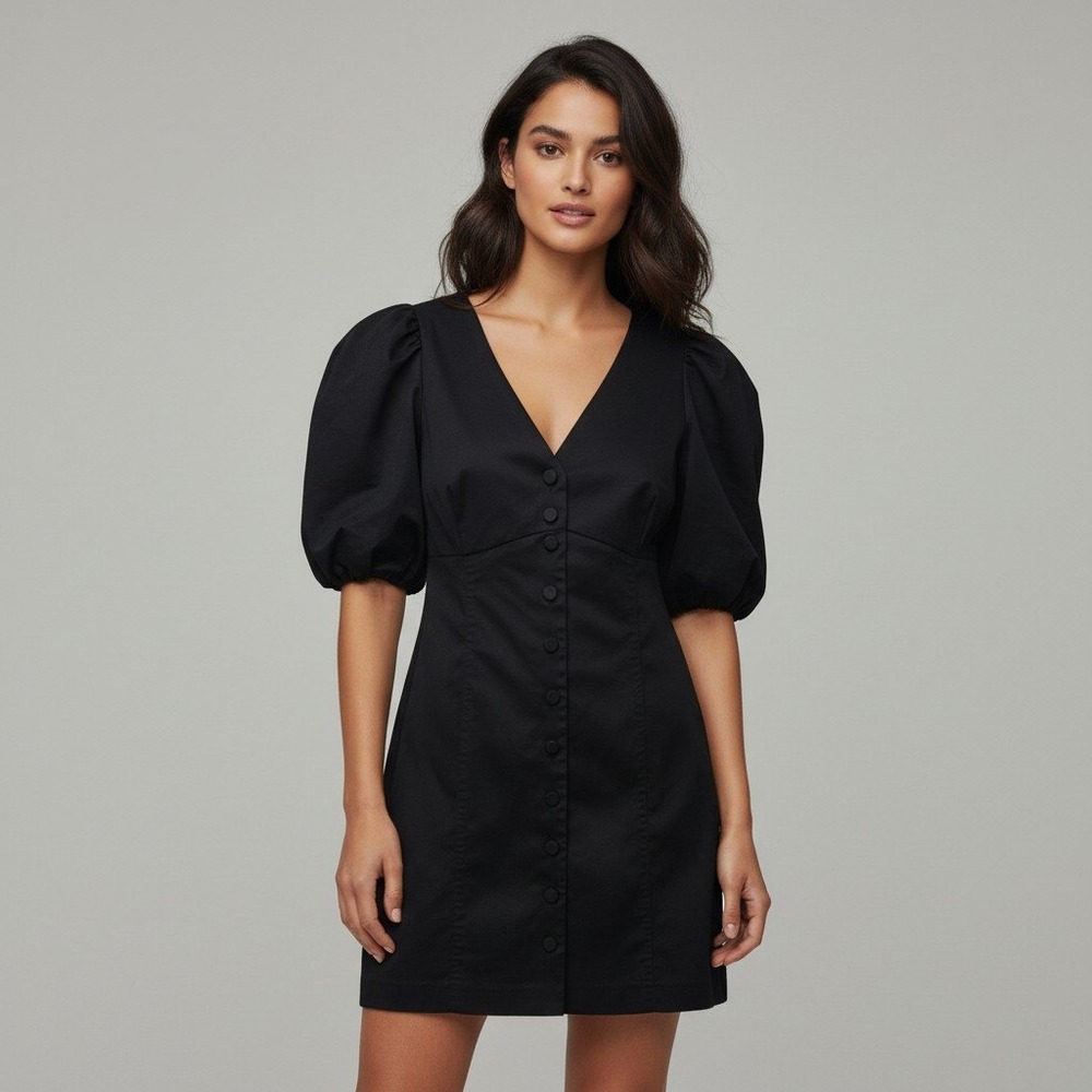 J.Crew Black Button Front Puff Sleeve Mini Dress Size 8 V-Neck Cotton Blend